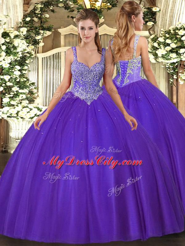 Floor Length Purple Sweet 16 Quinceanera Dress V-neck Sleeveless Lace Up