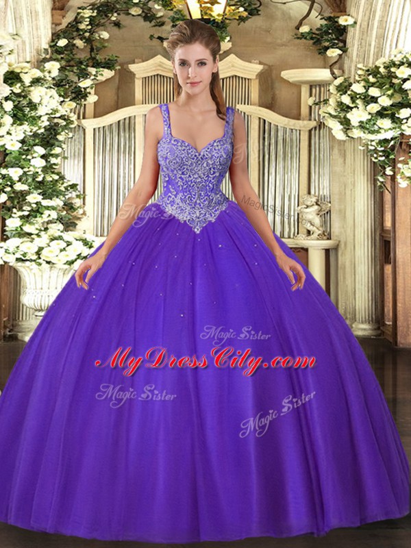 Floor Length Purple Sweet 16 Quinceanera Dress V-neck Sleeveless Lace Up