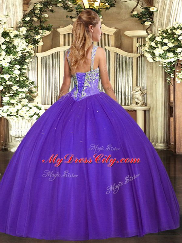 Floor Length Purple Sweet 16 Quinceanera Dress V-neck Sleeveless Lace Up