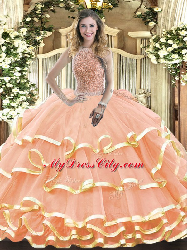 New Style High-neck Sleeveless Organza Quinceanera Dresses Beading and Ruffled Layers Lace Up