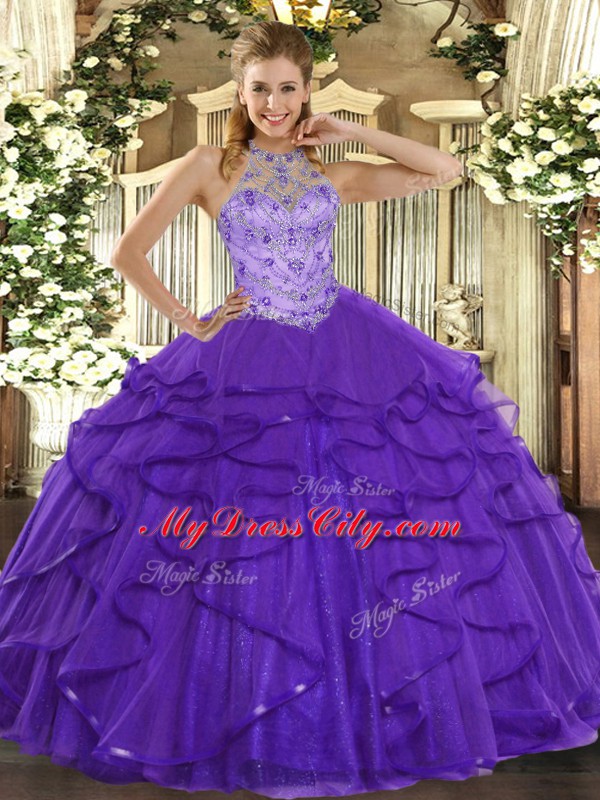 Superior Organza Halter Top Sleeveless Lace Up Beading and Ruffles 15 Quinceanera Dress in Purple