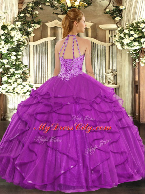 Superior Organza Halter Top Sleeveless Lace Up Beading and Ruffles 15 Quinceanera Dress in Purple