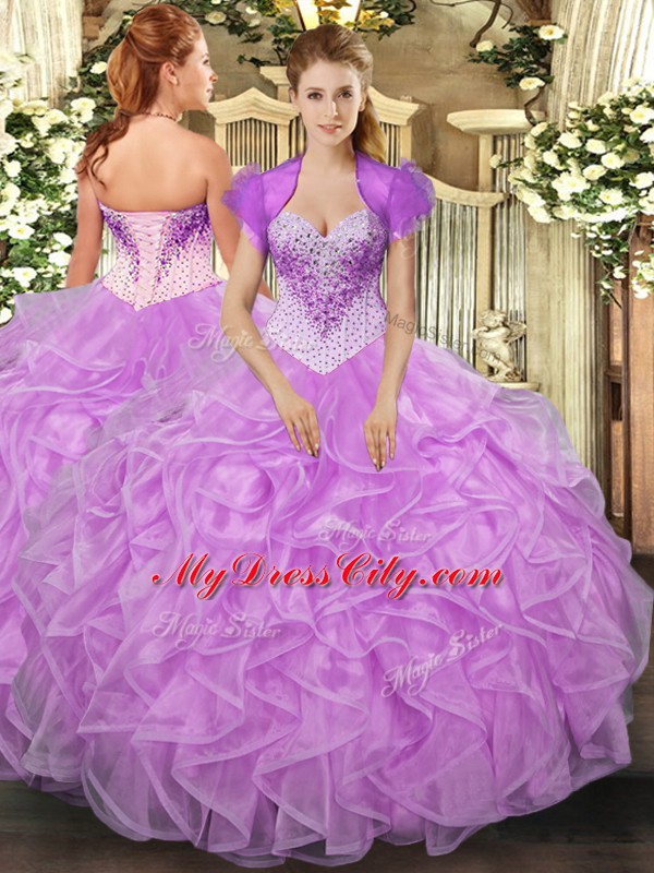 Nice Lilac Lace Up Sweetheart Beading and Ruffles Quinceanera Gowns Organza Sleeveless