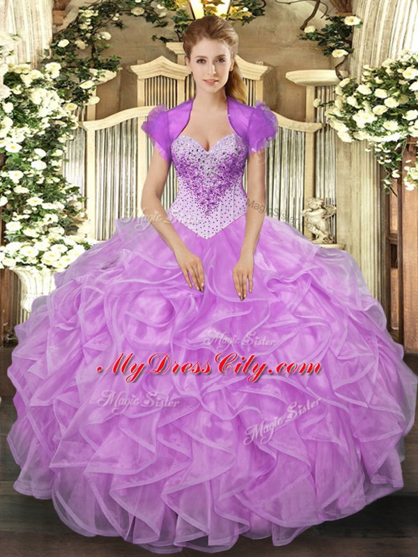 Nice Lilac Lace Up Sweetheart Beading and Ruffles Quinceanera Gowns Organza Sleeveless