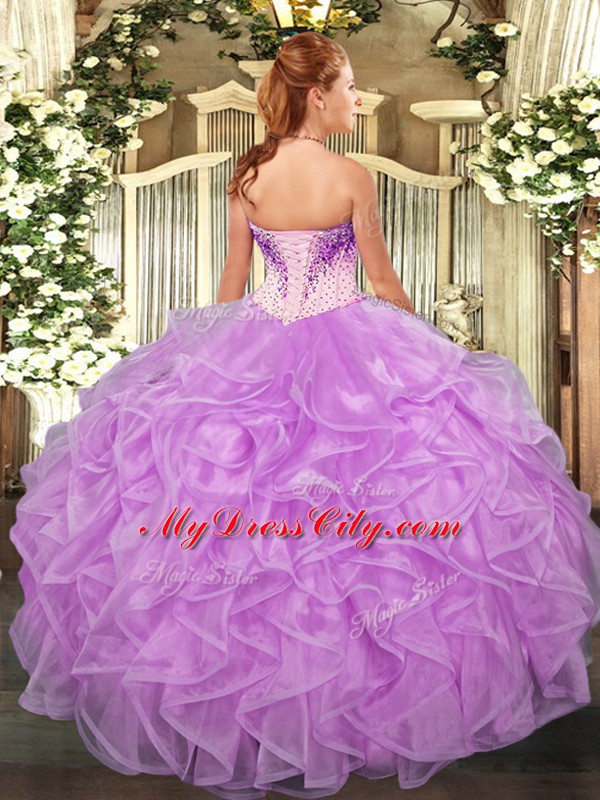 Nice Lilac Lace Up Sweetheart Beading and Ruffles Quinceanera Gowns Organza Sleeveless