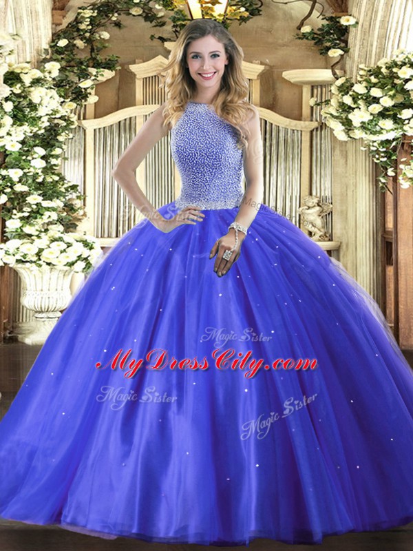 Luxury Tulle High-neck Sleeveless Lace Up Beading 15th Birthday Dress in Blue