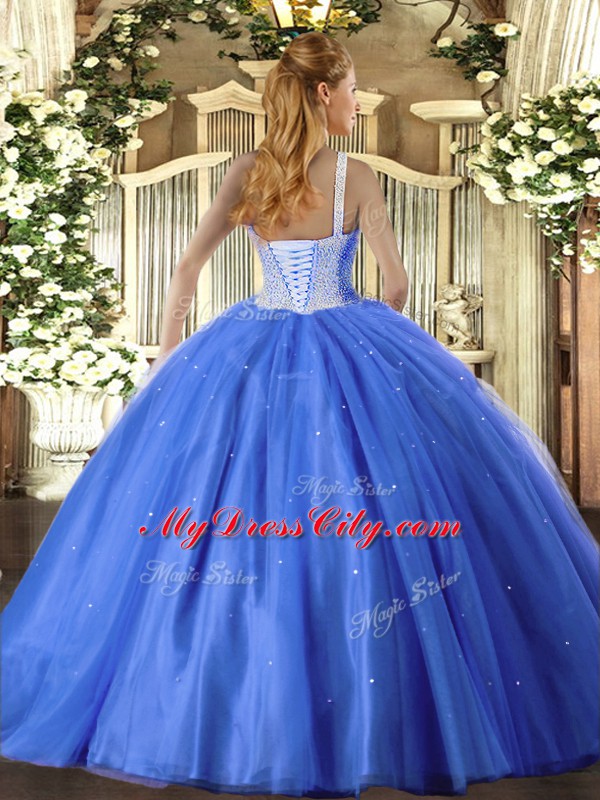 Luxury Tulle High-neck Sleeveless Lace Up Beading 15th Birthday Dress in Blue