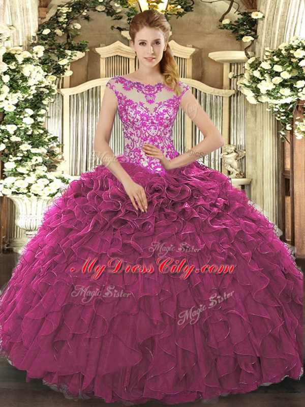 Fuchsia Ball Gowns Scoop Cap Sleeves Organza Floor Length Lace Up Beading and Appliques and Ruffles Quince Ball Gowns