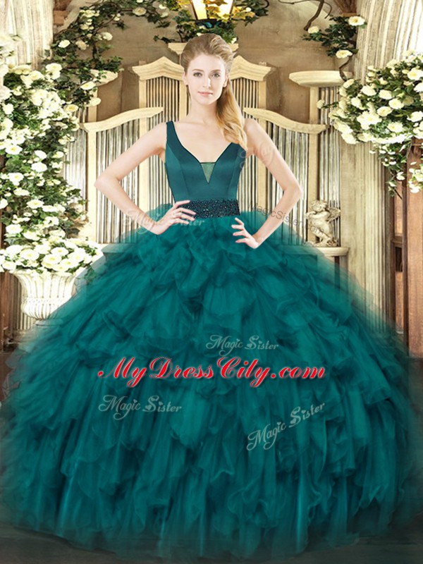 Vintage Floor Length Teal 15th Birthday Dress Organza Sleeveless Beading and Ruffles