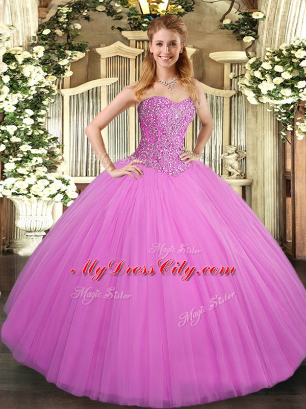 Custom Made Lilac Tulle Lace Up Sweetheart Sleeveless Floor Length Quinceanera Dresses Beading