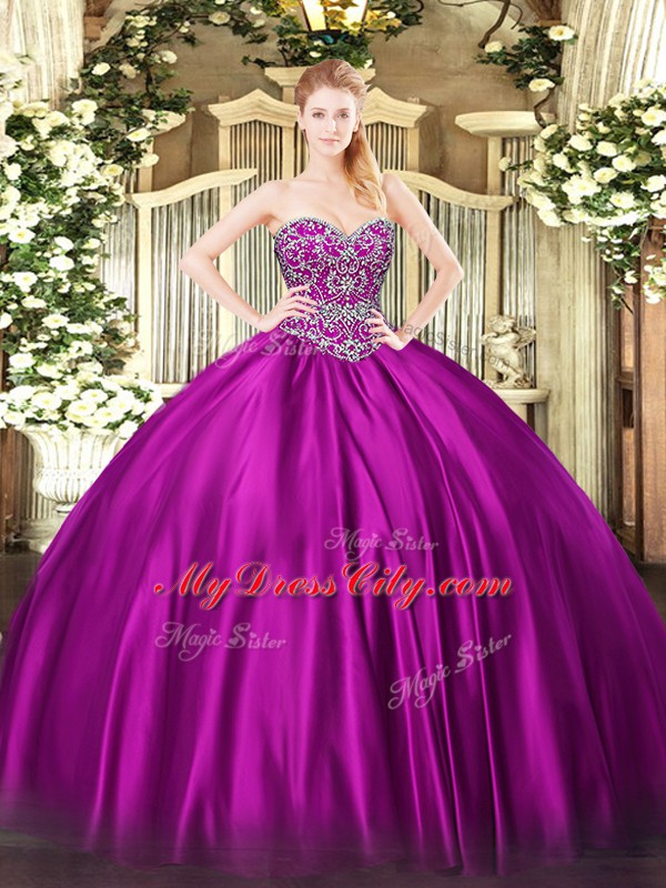 Amazing Floor Length Lace Up Sweet 16 Dresses Fuchsia for Military Ball and Sweet 16 and Quinceanera with Beading