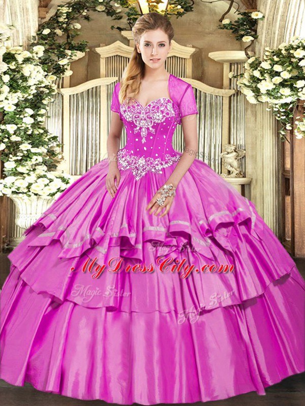 Lilac Ball Gown Prom Dress Military Ball and Sweet 16 and Quinceanera with Beading and Ruffled Layers Sweetheart Sleeveless Lace Up