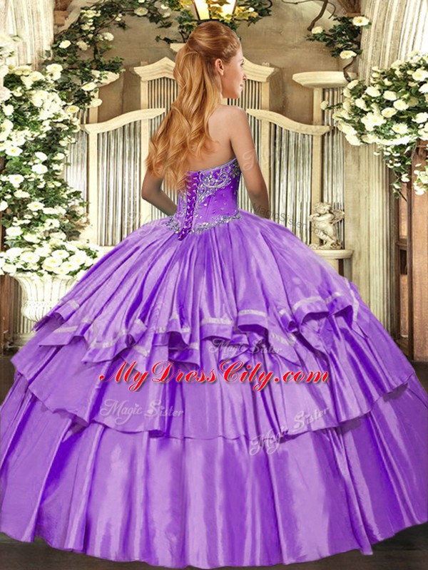 Lilac Ball Gown Prom Dress Military Ball and Sweet 16 and Quinceanera with Beading and Ruffled Layers Sweetheart Sleeveless Lace Up