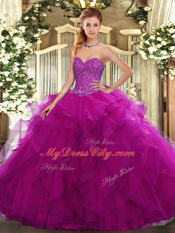 Customized Fuchsia Tulle Lace Up Quince Ball Gowns Sleeveless Floor Length Beading and Ruffles