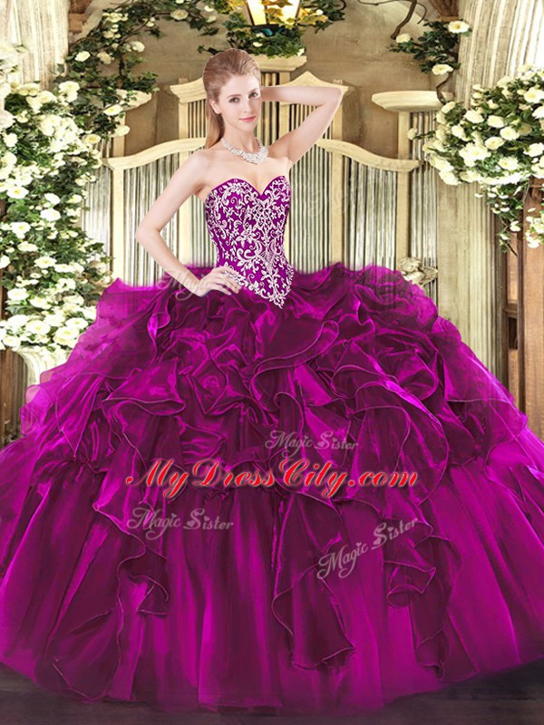 Fuchsia Lace Up Sweetheart Beading and Ruffles 15th Birthday Dress Organza Sleeveless