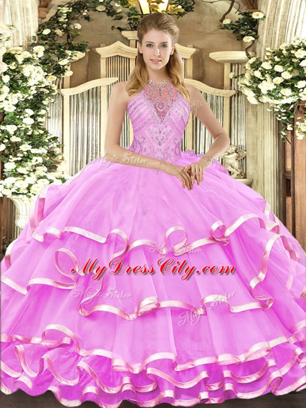 Adorable Sleeveless Floor Length Beading and Ruffled Layers Lace Up Sweet 16 Dresses with Lilac