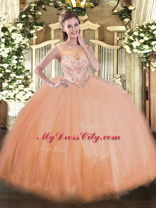 Sweet Scoop Sleeveless Lace Up Sweet 16 Dress Peach Tulle