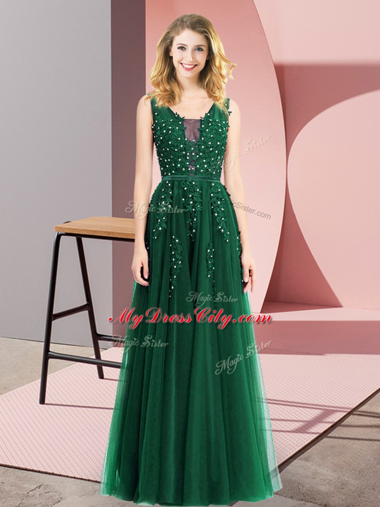 Dark Green Empire Square Sleeveless Tulle Floor Length Backless Beading and Appliques Homecoming Dress