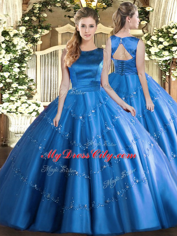 High Class Scoop Sleeveless Quinceanera Gown Floor Length Appliques Baby Blue Tulle