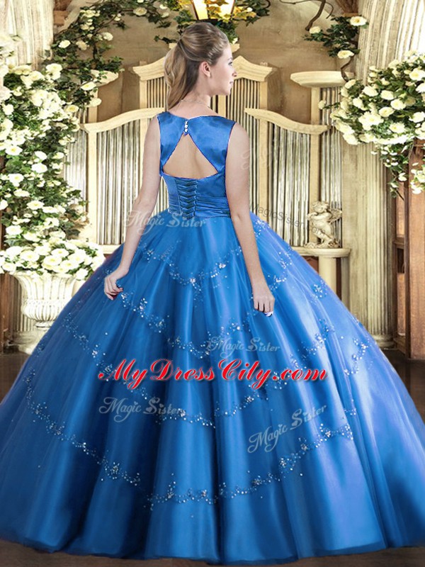 High Class Scoop Sleeveless Quinceanera Gown Floor Length Appliques Baby Blue Tulle