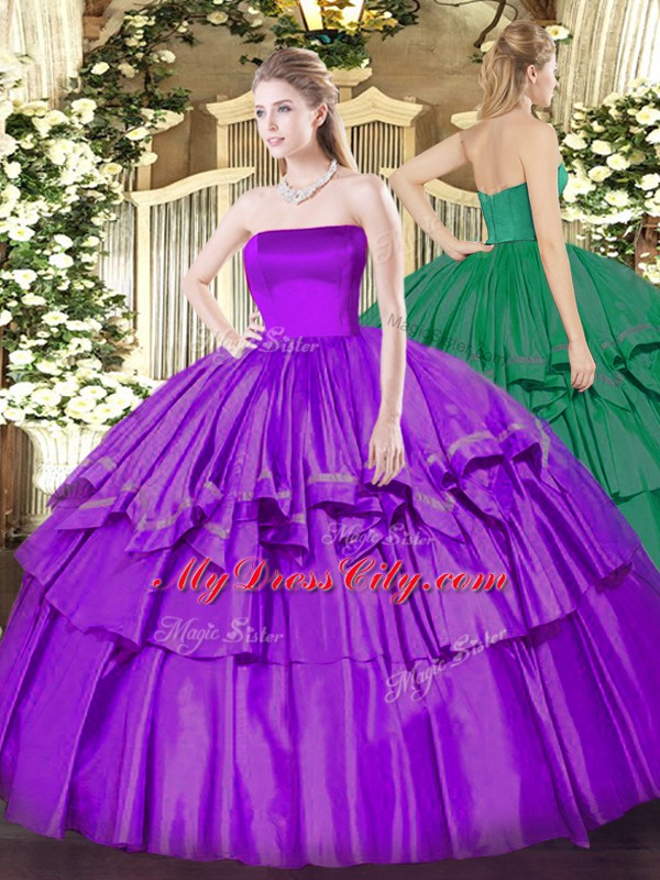 Low Price Eggplant Purple Sleeveless Ruffled Layers Floor Length Ball Gown Prom Dress