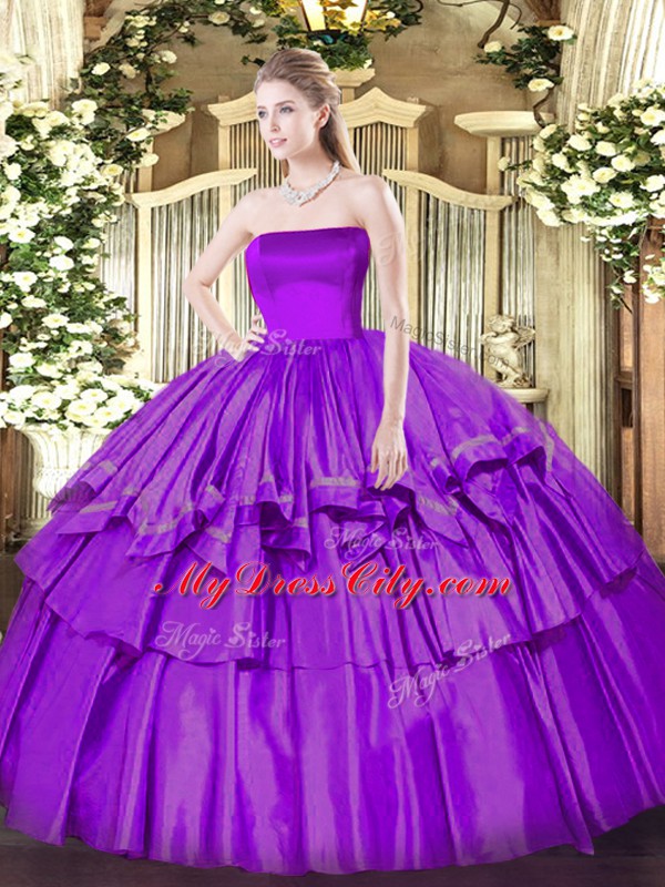 Low Price Eggplant Purple Sleeveless Ruffled Layers Floor Length Ball Gown Prom Dress