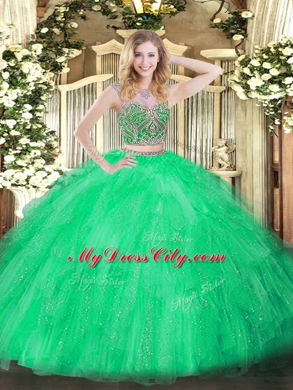 Green Tulle Lace Up Scoop Sleeveless Floor Length Ball Gown Prom Dress Beading and Ruffles