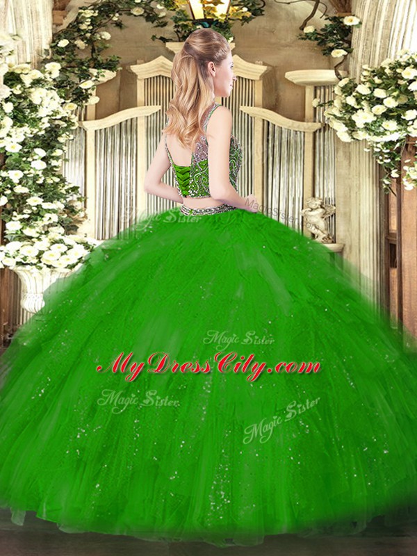 Green Tulle Lace Up Scoop Sleeveless Floor Length Ball Gown Prom Dress Beading and Ruffles