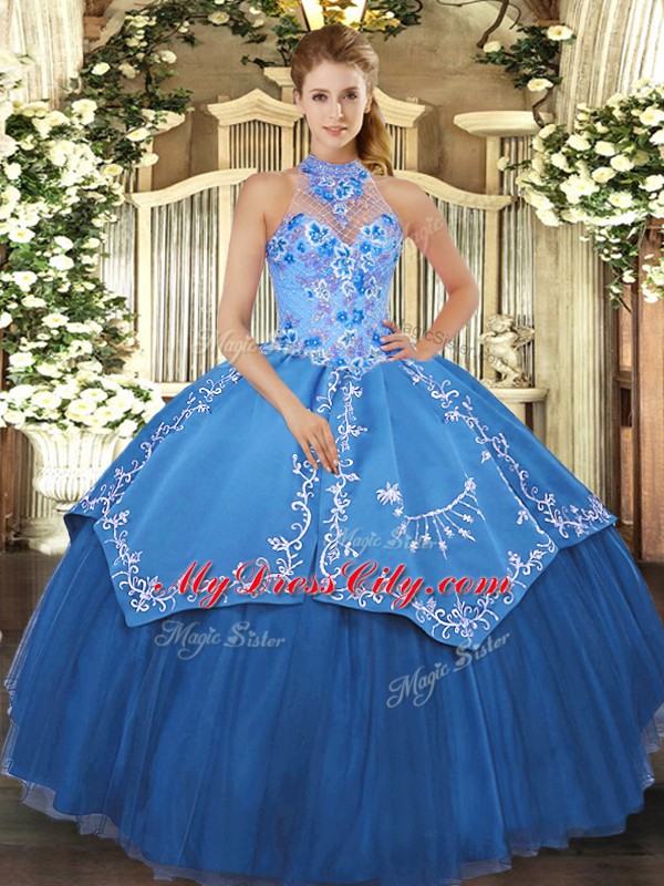 Luxury Halter Top Sleeveless Lace Up Quinceanera Gowns Teal Satin and Tulle