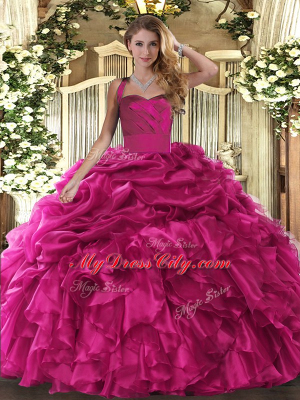 Halter Top Sleeveless Lace Up Vestidos de Quinceanera Hot Pink Organza