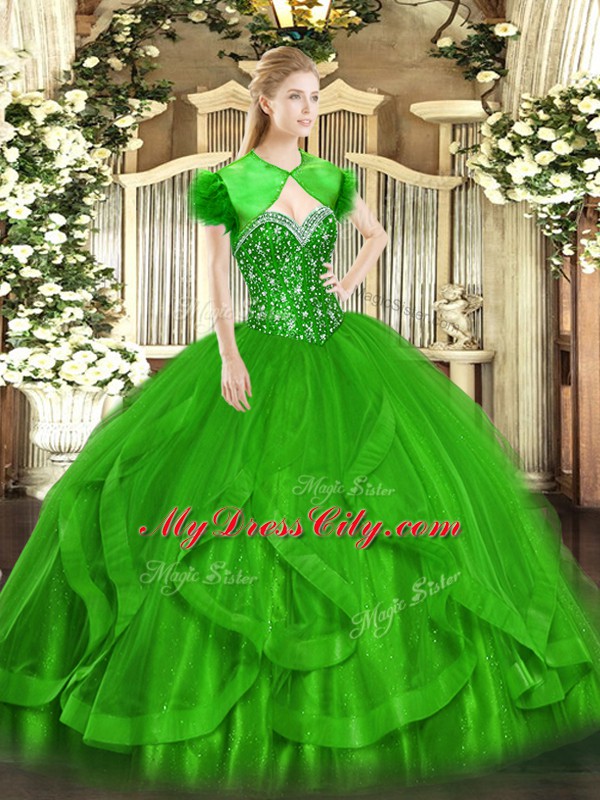 Chic Green Lace Up Sweetheart Beading and Ruffles Sweet 16 Quinceanera Dress Tulle Sleeveless