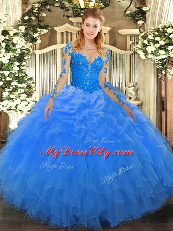 Deluxe Scoop Long Sleeves Organza 15 Quinceanera Dress Lace and Ruffles Lace Up