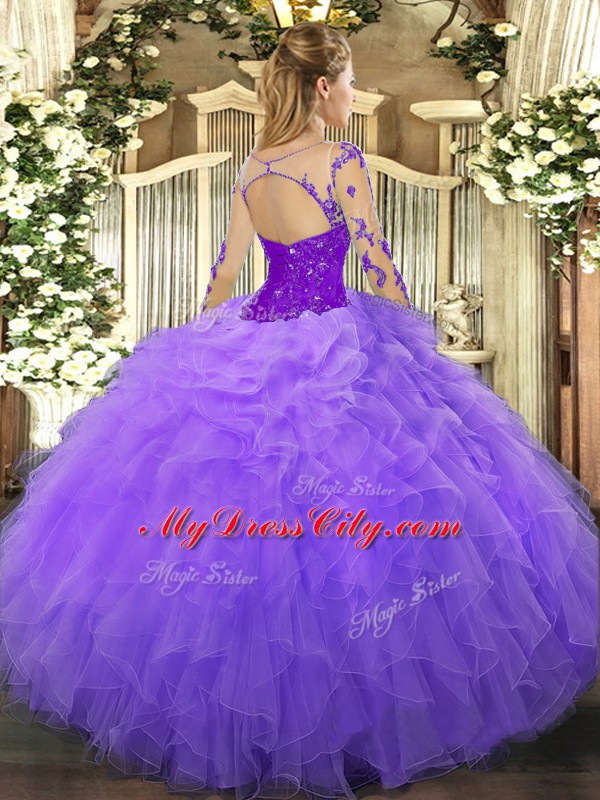 Deluxe Scoop Long Sleeves Organza 15 Quinceanera Dress Lace and Ruffles Lace Up