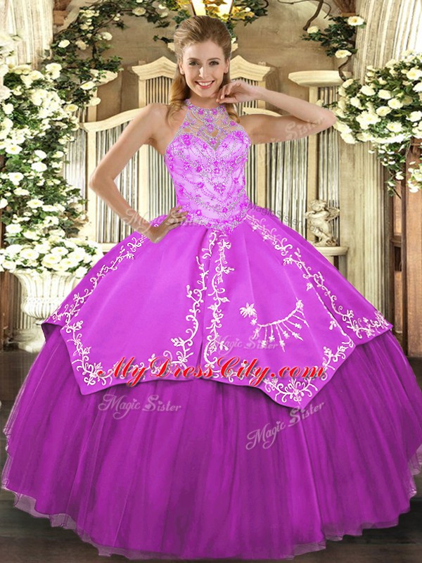 Fuchsia Ball Gowns Satin and Tulle Halter Top Sleeveless Beading and Embroidery Floor Length Lace Up Quinceanera Dresses