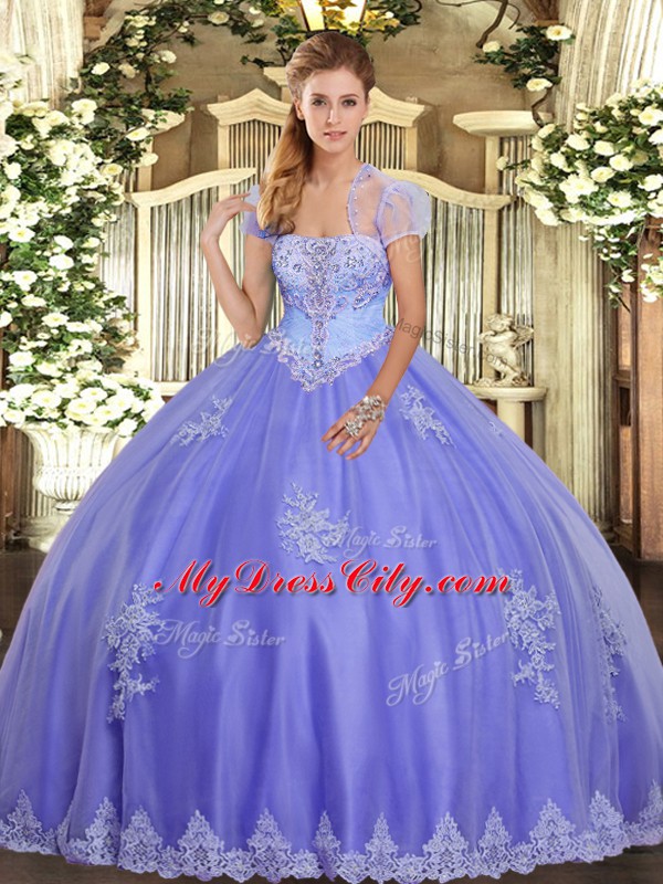 Dramatic Lavender Ball Gowns Appliques Quinceanera Gown Lace Up Tulle Sleeveless Floor Length