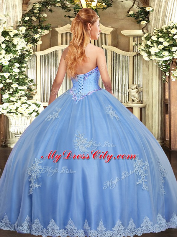 Dramatic Lavender Ball Gowns Appliques Quinceanera Gown Lace Up Tulle Sleeveless Floor Length