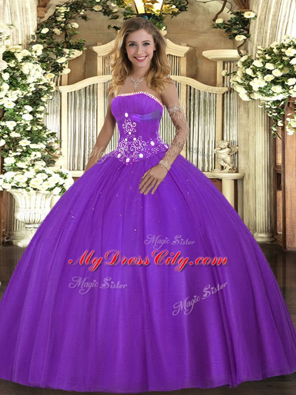 Most Popular Sleeveless Floor Length Beading Lace Up Quinceanera Gowns with Purple