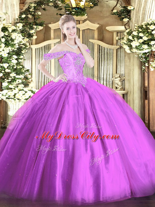 Lilac Sleeveless Floor Length Beading Lace Up Sweet 16 Dress