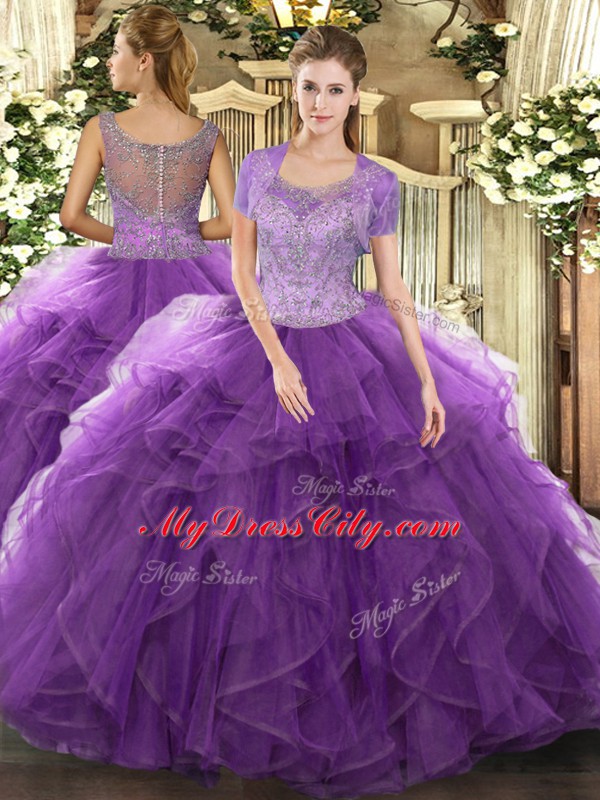 Lavender Tulle Clasp Handle Scoop Sleeveless Floor Length 15th Birthday Dress Beading and Ruffled Layers