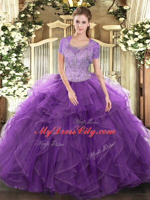 Lavender Tulle Clasp Handle Scoop Sleeveless Floor Length 15th Birthday Dress Beading and Ruffled Layers