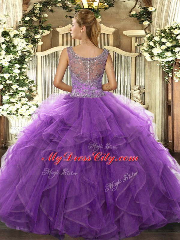 Lavender Tulle Clasp Handle Scoop Sleeveless Floor Length 15th Birthday Dress Beading and Ruffled Layers