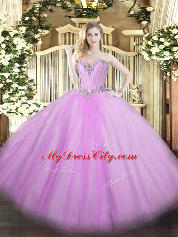 Most Popular Lavender Sweetheart Neckline Beading Quinceanera Gowns Sleeveless Lace Up