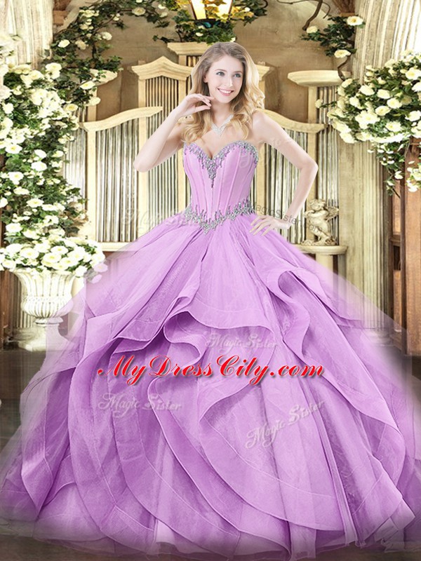 Floor Length Lace Up Quinceanera Gown Lavender for Military Ball and Sweet 16 and Quinceanera with Beading and Ruffles