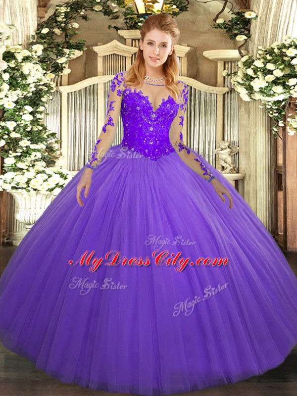 Lavender Long Sleeves Lace Floor Length Sweet 16 Dresses