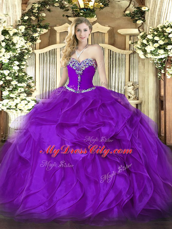 Sweetheart Sleeveless Organza Quince Ball Gowns Beading and Ruffles Lace Up