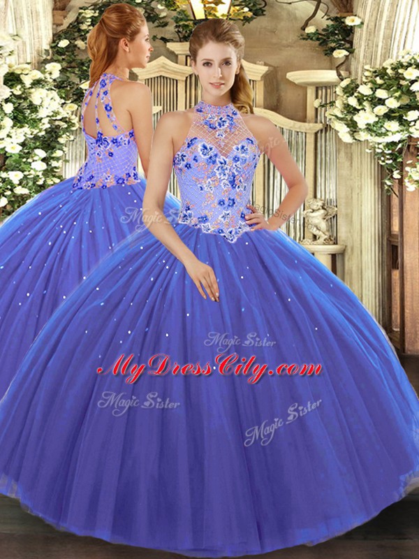 Customized Blue Sleeveless Floor Length Embroidery Lace Up Quinceanera Gown