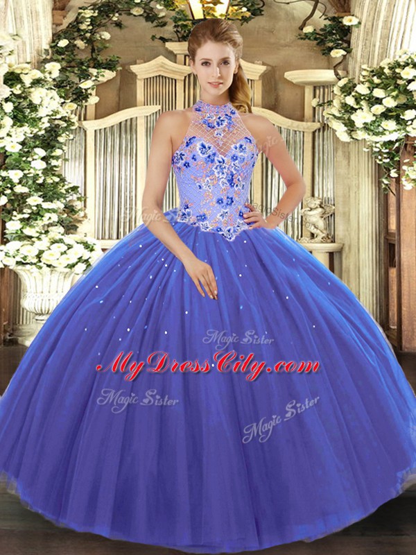 Customized Blue Sleeveless Floor Length Embroidery Lace Up Quinceanera Gown