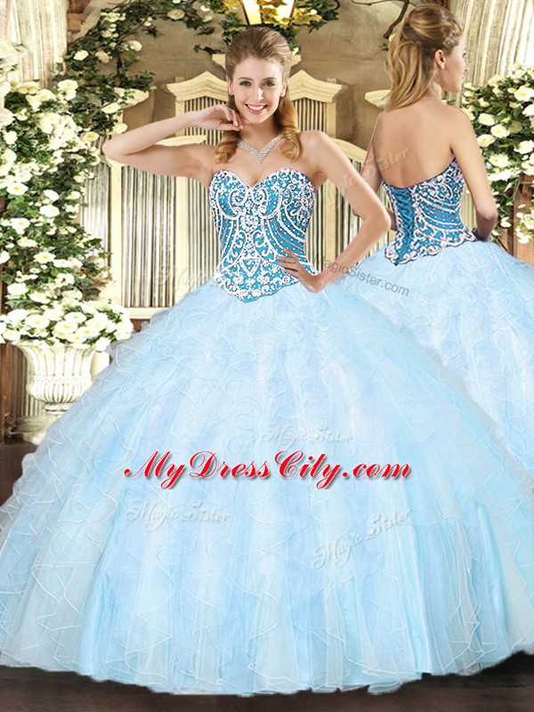 Inexpensive Floor Length Light Blue Quince Ball Gowns Tulle Sleeveless Beading and Ruffles