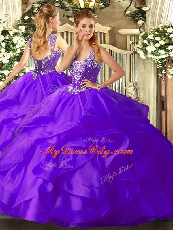 Sleeveless Floor Length Beading and Ruffles Lace Up Quinceanera Dress with Purple