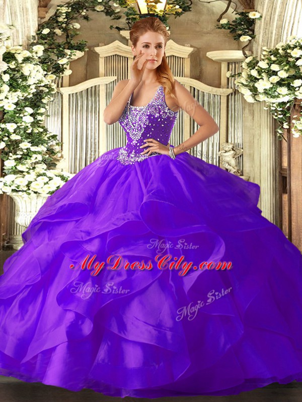 Sleeveless Floor Length Beading and Ruffles Lace Up Quinceanera Dress with Purple